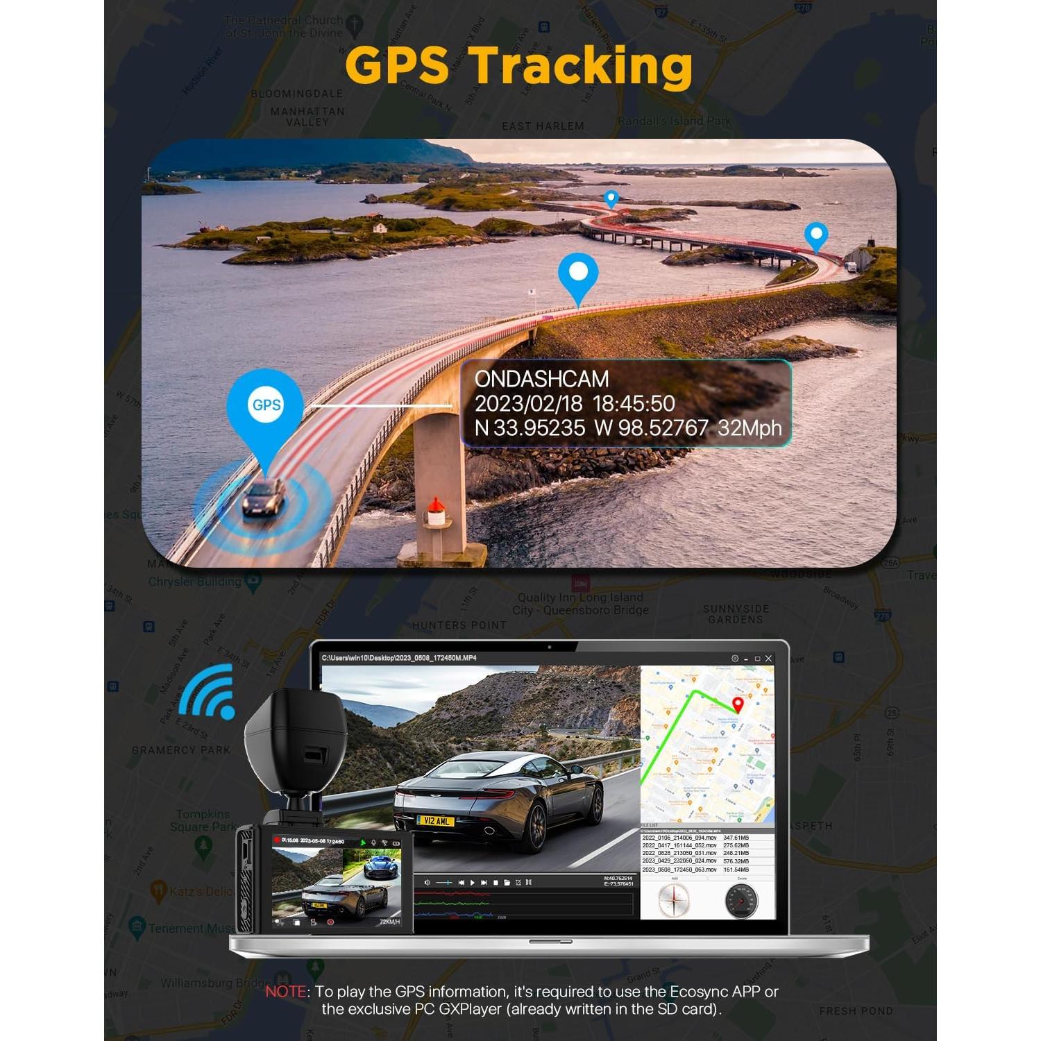 Cámara de tablero 4K ONDASHCAM con GPS y WiFi, 3.5" IPS