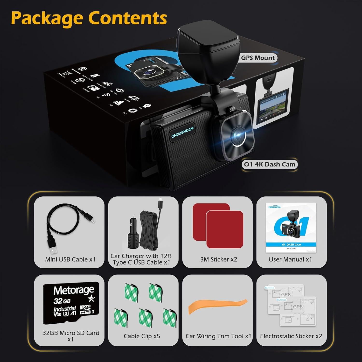 Cámara de tablero 4K ONDASHCAM con GPS y WiFi, 3.5" IPS