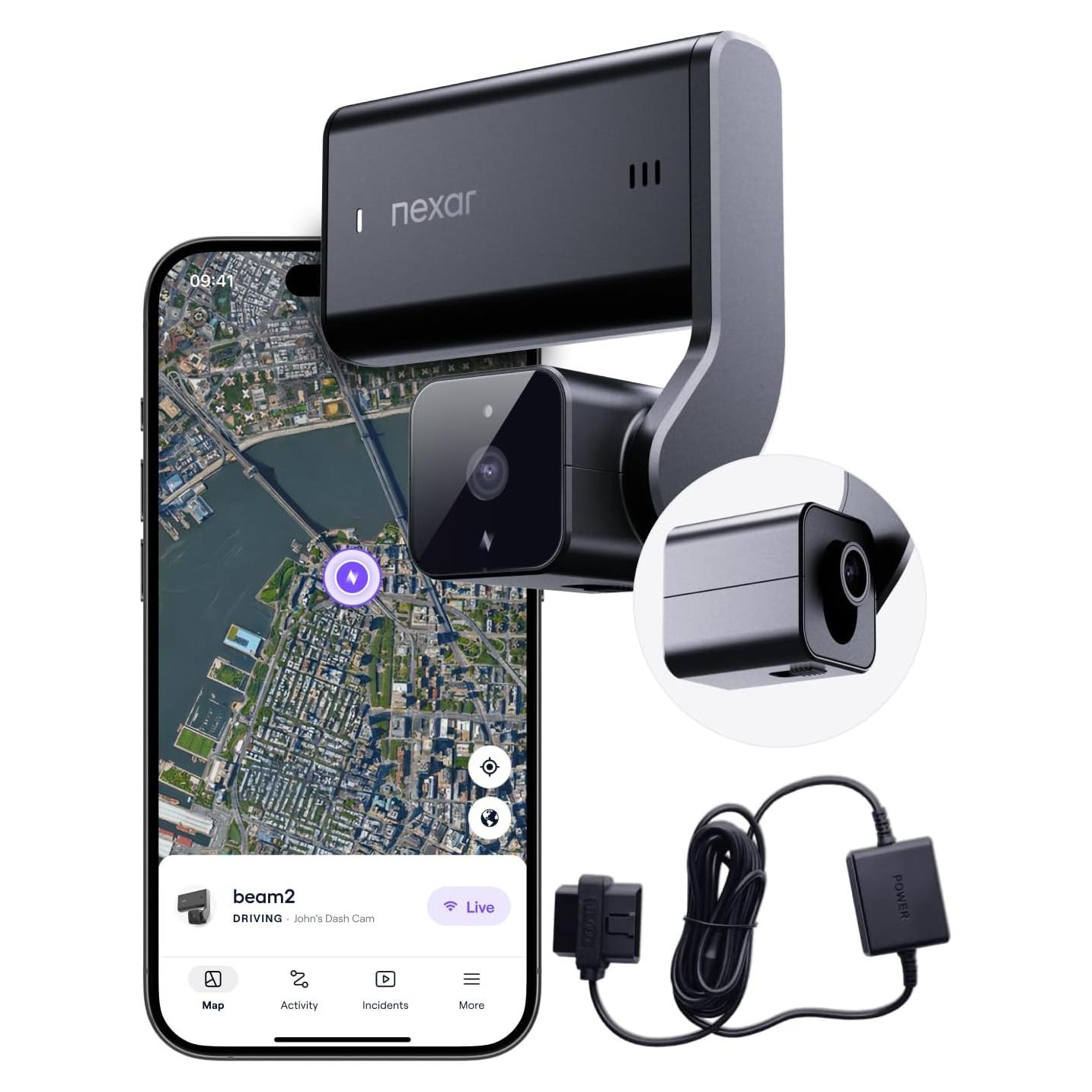 Nexar beam2 Dash Cam - 1 Year Nexar Connect Subscription Included - 2K QHD LTE Connected Unlimited Cloud Storage Live Streaming Parking Mode Night Vision - Front & Cabin Cam (128GB Internal Storage)