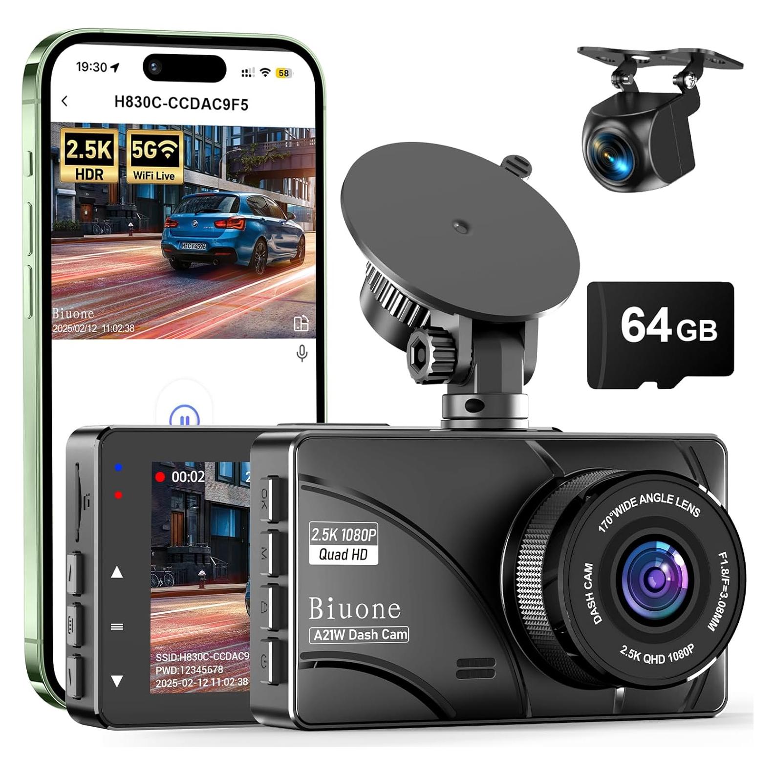 Cámara de tablero dual Biuone A21W 2.5K con WiFi y 64GB