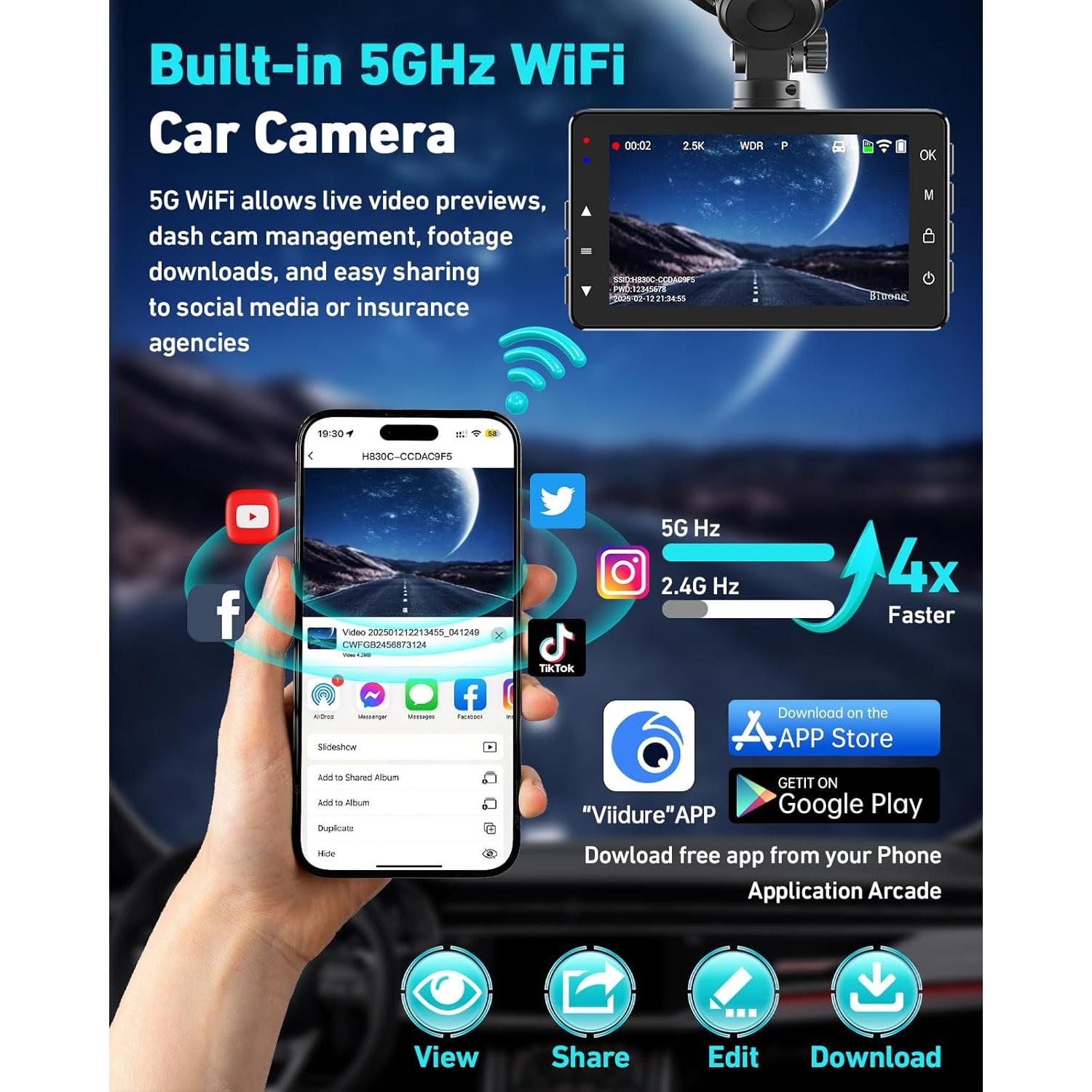 Cámara de tablero dual Biuone A21W 2.5K con WiFi y 64GB