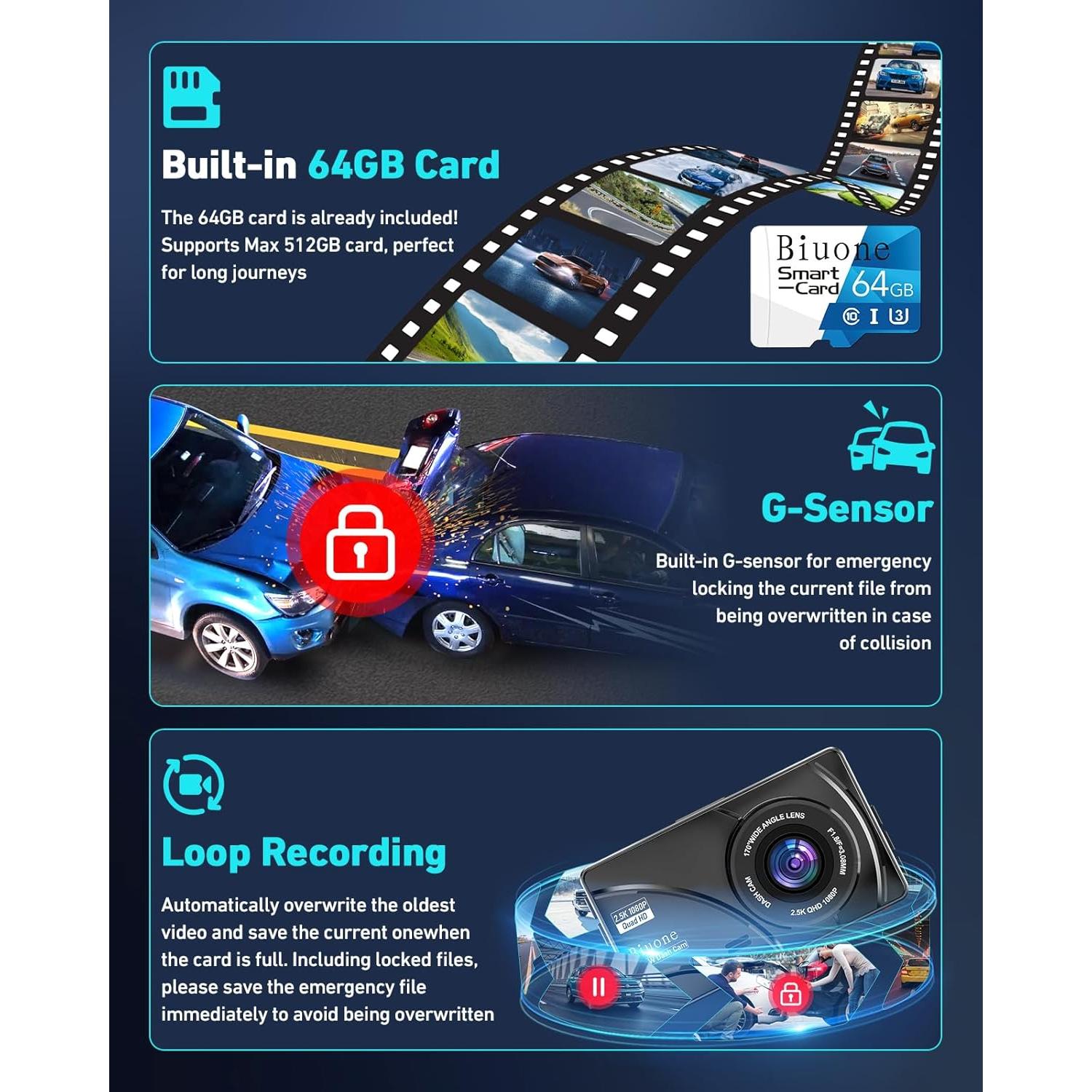 Cámara de tablero dual Biuone A21W 2.5K con WiFi y 64GB