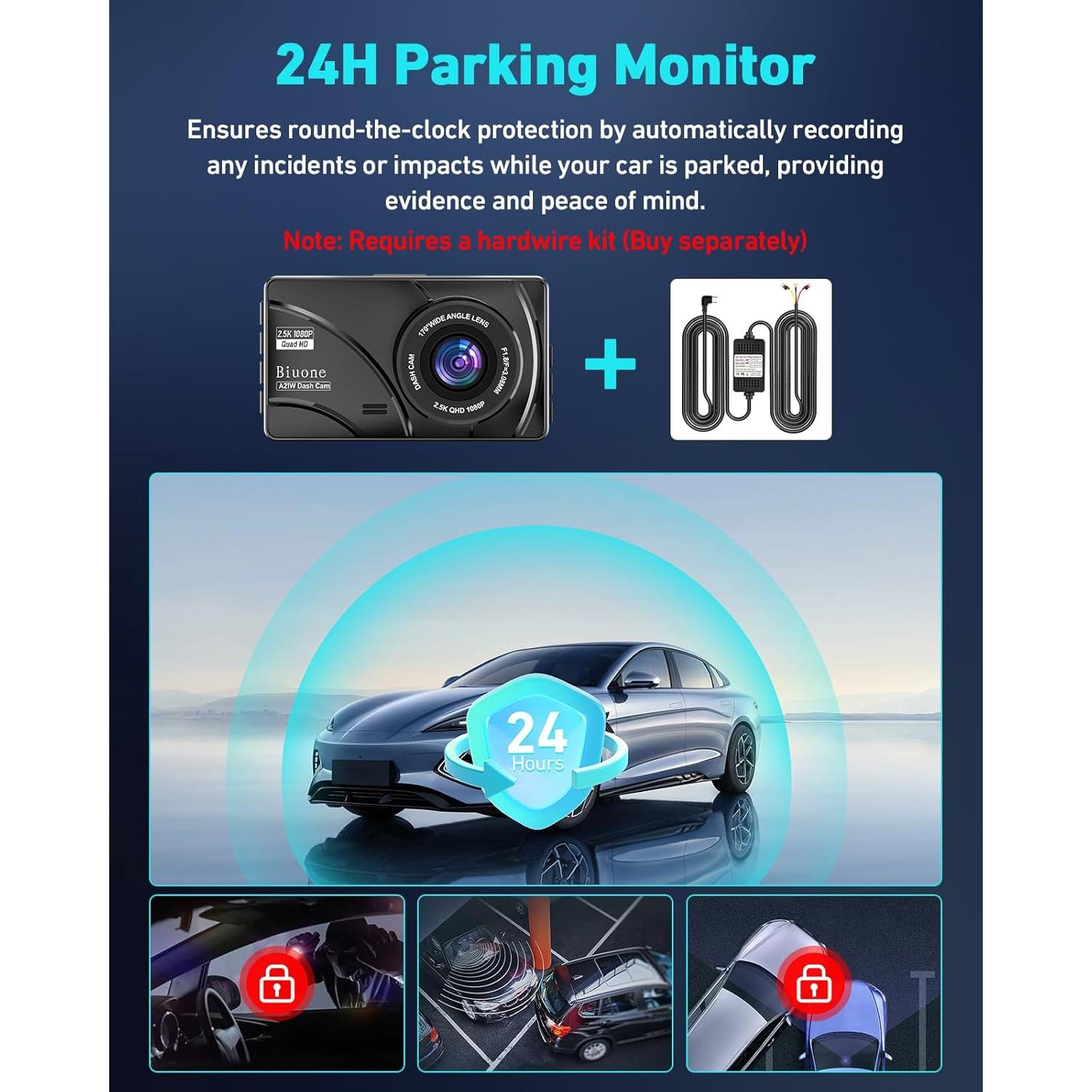 Cámara de tablero dual Biuone A21W 2.5K con WiFi y 64GB