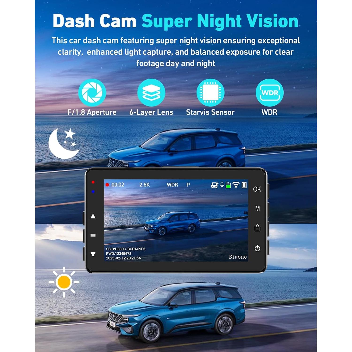 Cámara de tablero dual Biuone A21W 2.5K con WiFi y 64GB