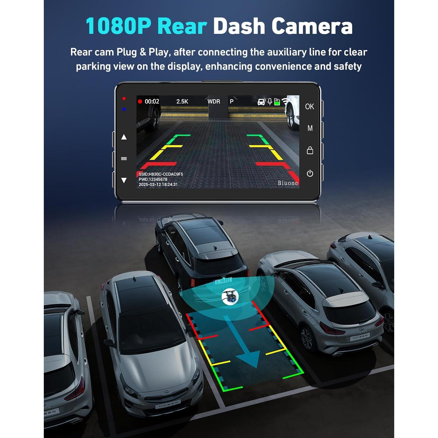 Cámara de tablero dual Biuone A21W 2.5K con WiFi y 64GB