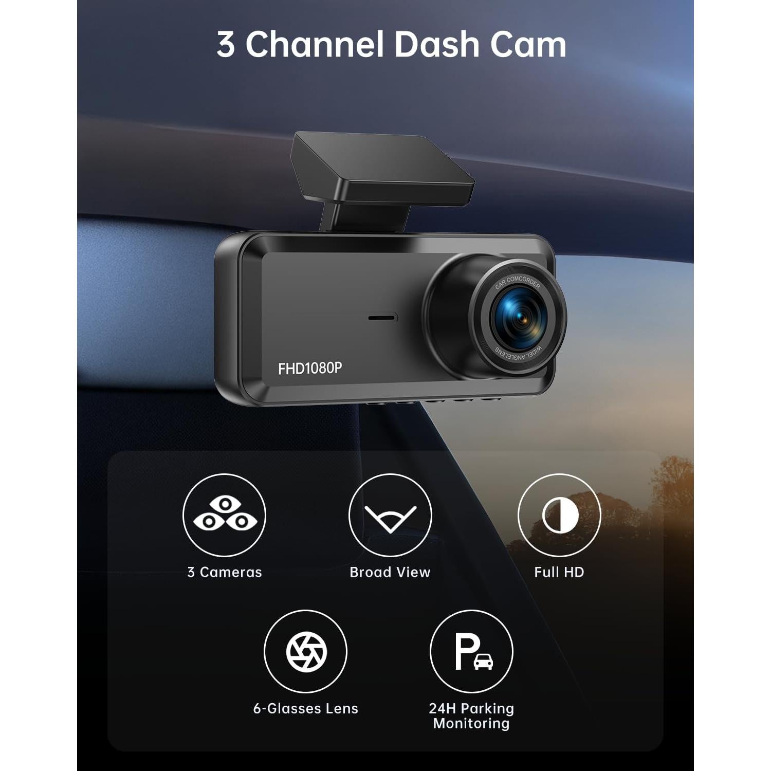 Cámara Dash KooBaCar F7S 3 Canales 1080P con Visión Nocturna