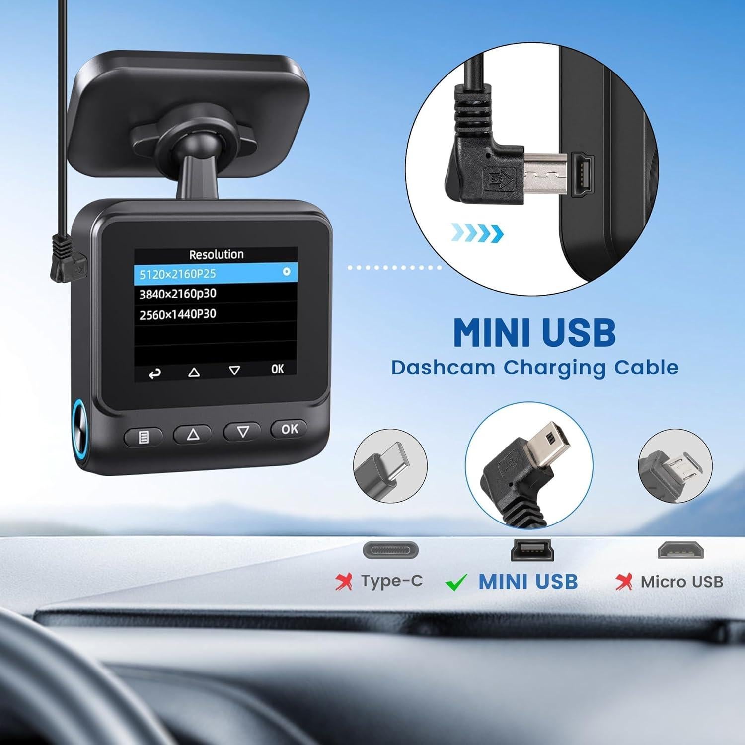 Cable de Alimentación Mini USB EWAY 4m para Dashcam 90°