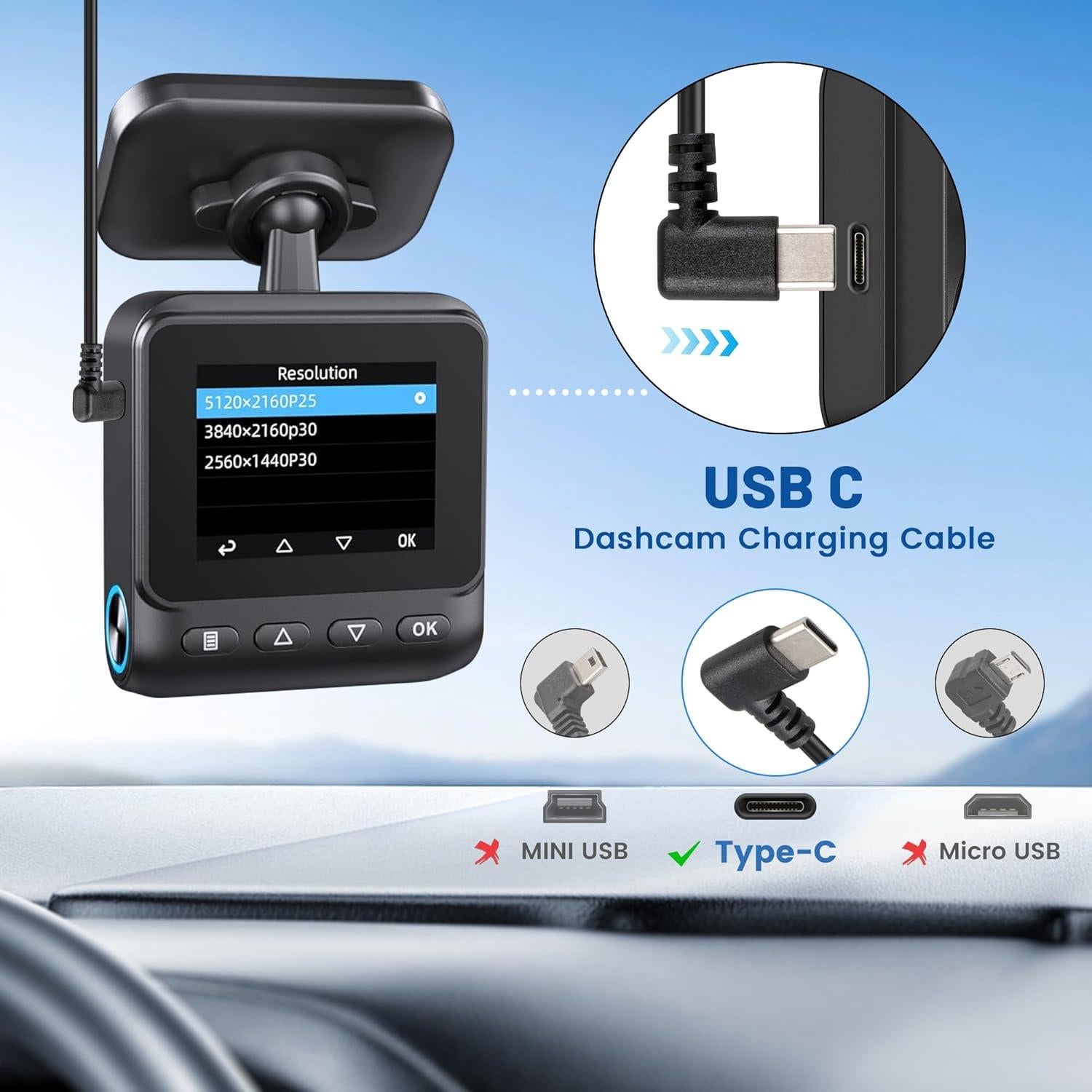 EWAY Cable de Alimentación USB-C 4M para Dash Cam 90 Grados