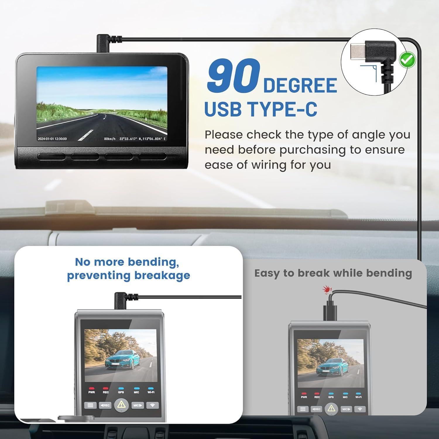 EWAY Cable de Alimentación USB-C 4M para Dash Cam 90 Grados