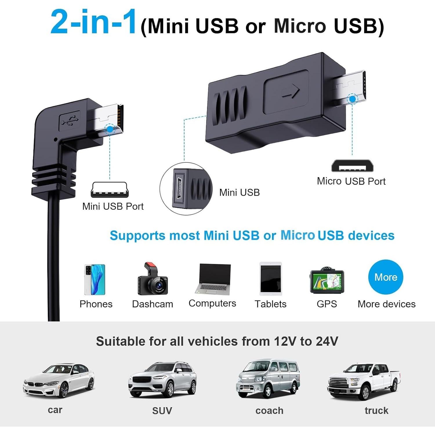 Dash Camera Car Charger, Mini USB and Micro USB Interfaces, L-Type Driving Recorders Power Cord Universal Car Adapter Power Cord 4m/13.12ft 12V/24V to DC5V 3A