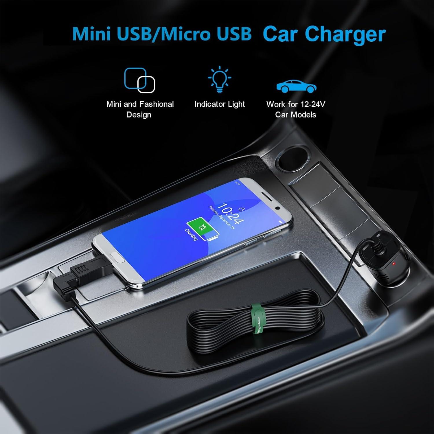 Dash Camera Car Charger, Mini USB and Micro USB Interfaces, L-Type Driving Recorders Power Cord Universal Car Adapter Power Cord 4m/13.12ft 12V/24V to DC5V 3A