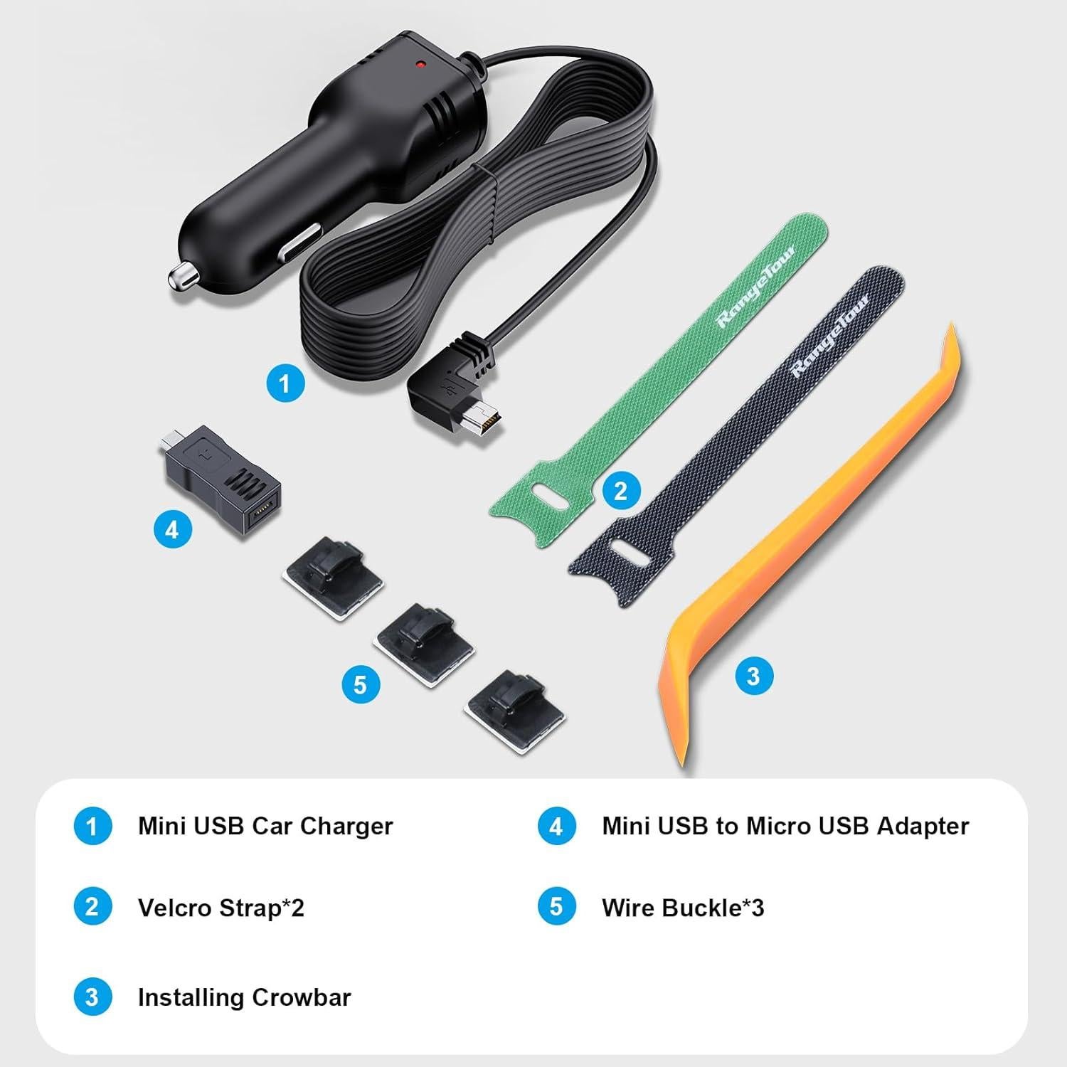 Dash Camera Car Charger, Mini USB and Micro USB Interfaces, L-Type Driving Recorders Power Cord Universal Car Adapter Power Cord 4m/13.12ft 12V/24V to DC5V 3A