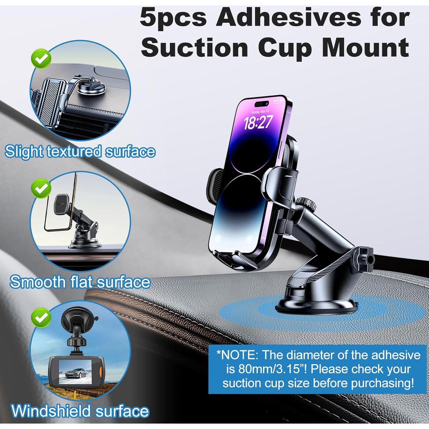 Sticky Adhesive Dashboard Mounting Pad, 5pcs 3.15" Double-Sided Circle Tapes Replacement for Suction Cup Phone Mount, Strong Gel Clear Sticker for Base of Car Windshield Phone Holder, Dash Cam, GPS