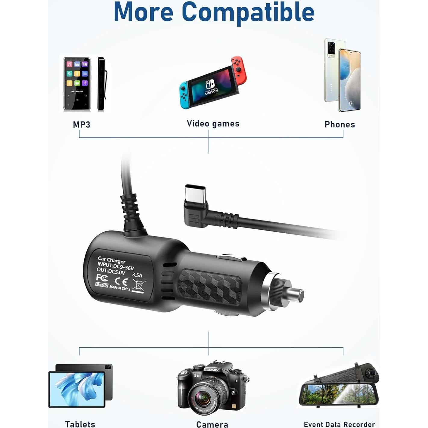 Cargador de Coche USB C 2 Puertos 3.4A para Dash Cam REDTIGER