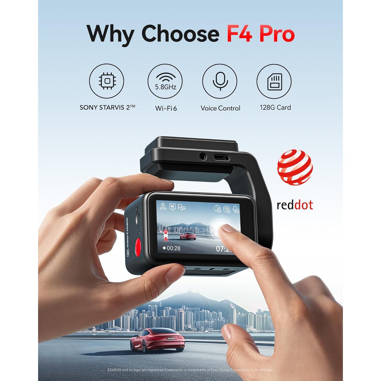 Cámara Dash REDTIGER F4 Pro 4K Doble con WiFi 6 y 128GB