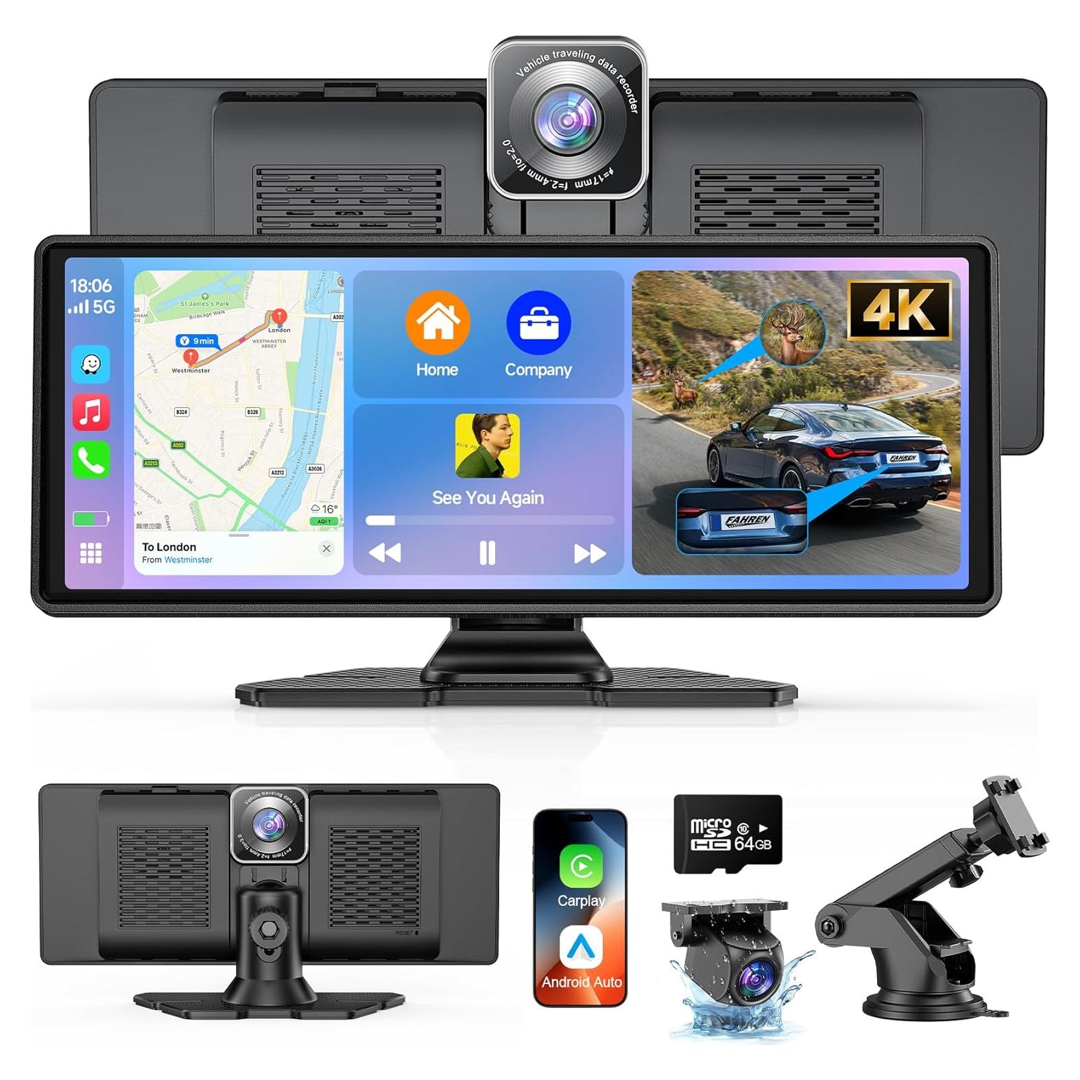 Pantalla Wireless CarPlay FAHREN 10.26" con Cámara 4K y 2K