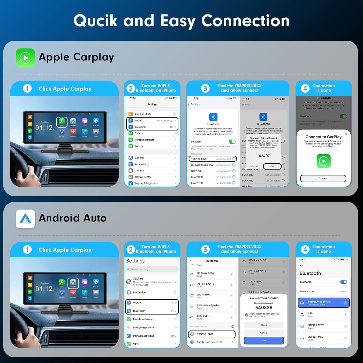 Pantalla Wireless CarPlay FAHREN 10.26" con Cámara 4K y 2K