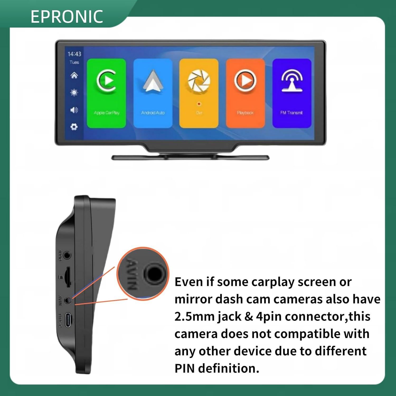 Cámara de Respaldo Epronic AHD 1080P 4 Pines para Carplay