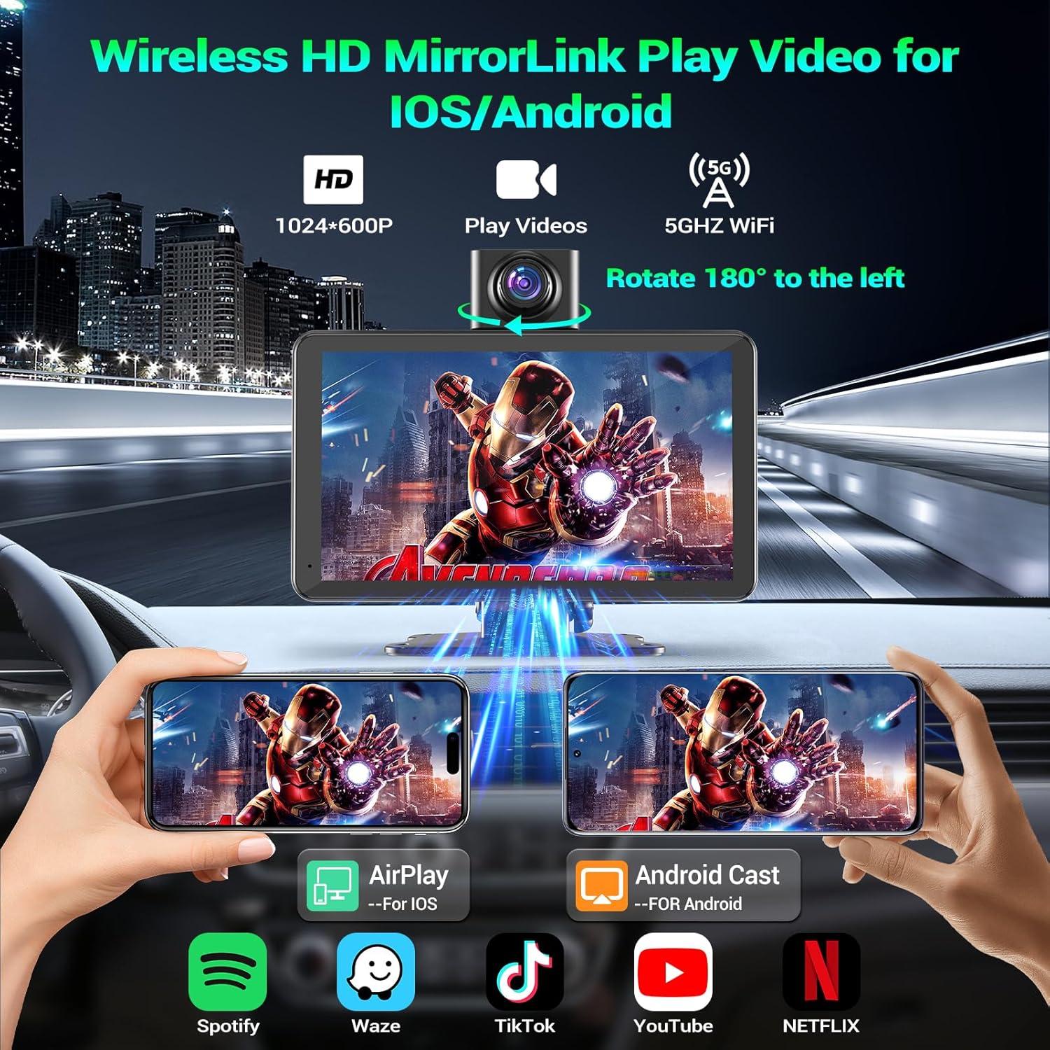 Pantalla CarPlay Inalámbrica Mrolik 7" con Cámara Dash 1080P