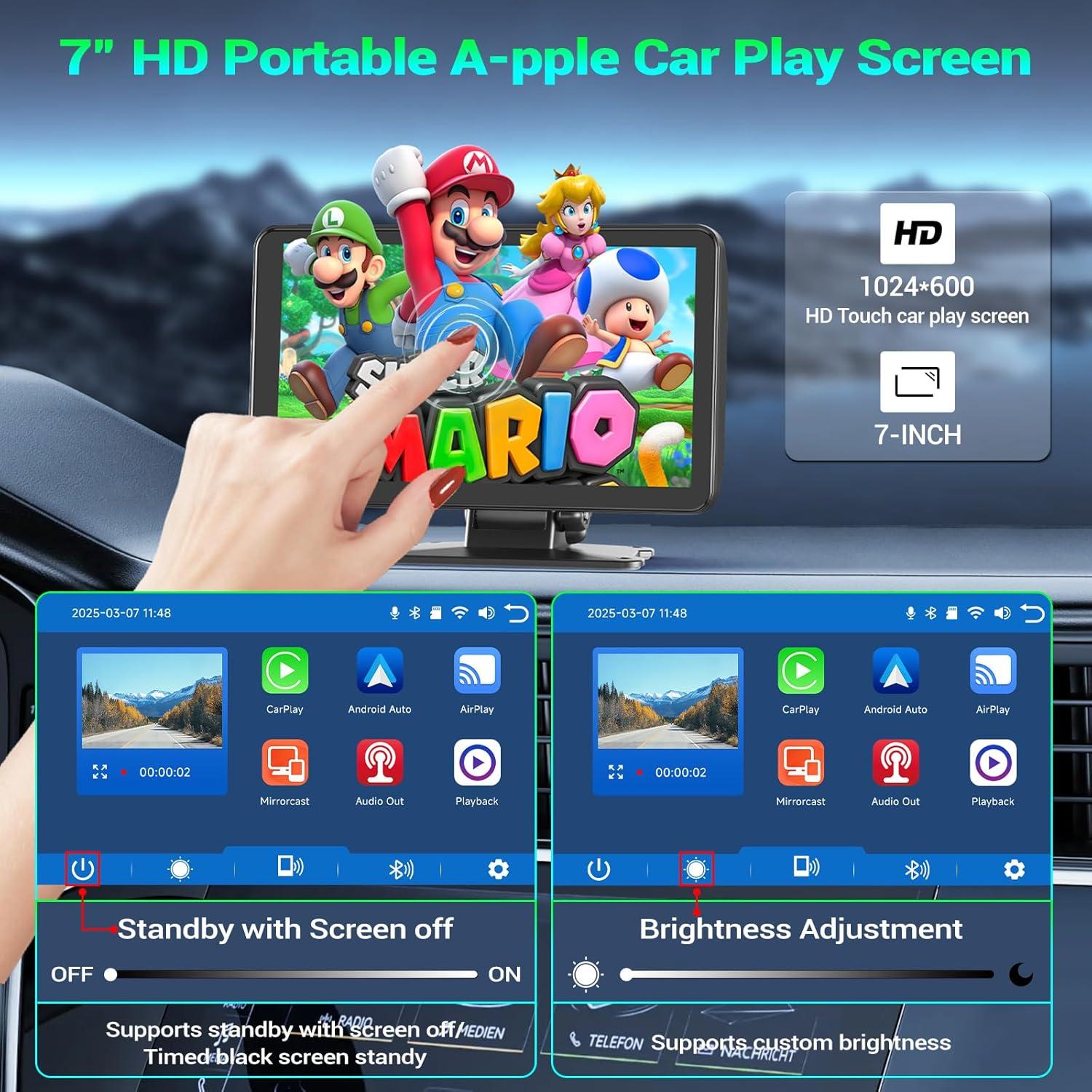 Pantalla CarPlay Inalámbrica Mrolik 7" con Cámara Dash 1080P