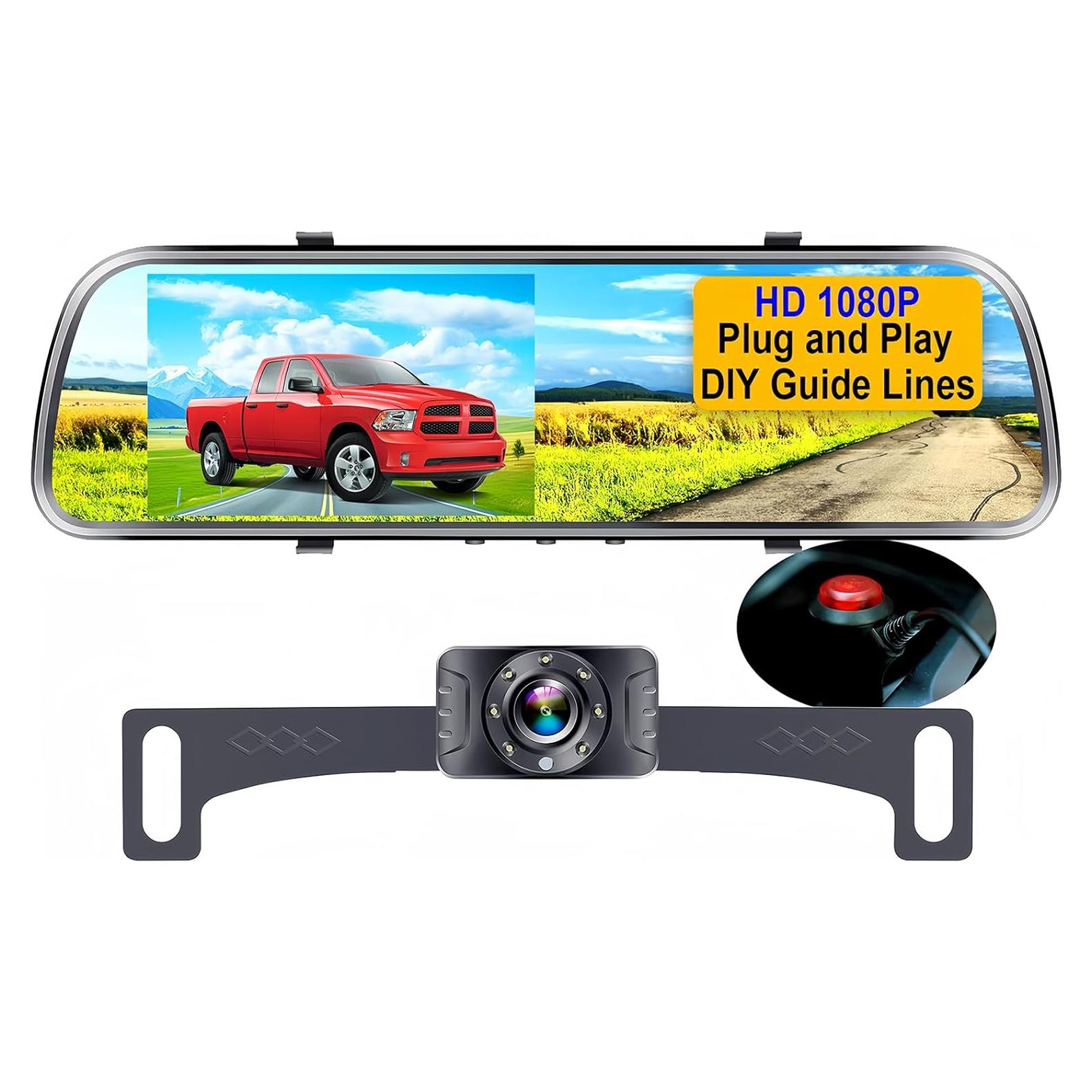 Backup Camera Mirror HD 1080P - Plug and Play Easy Set up Color Night Vision Rear View Mirror with License Plate Camera for Car Truck SUV Waterproof DIY Guide Lines AMTIFO A1