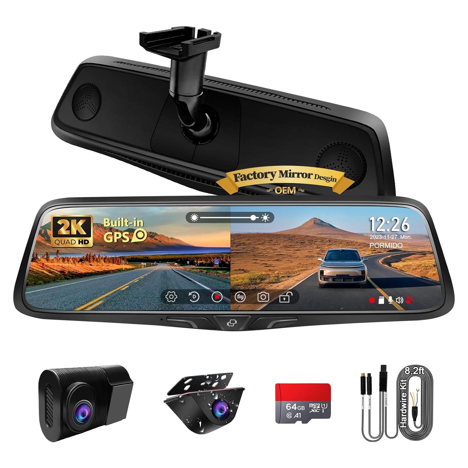 Cámara de Espejo Retrovisor PORMIDO 2K con GPS y Tarjeta 64GB