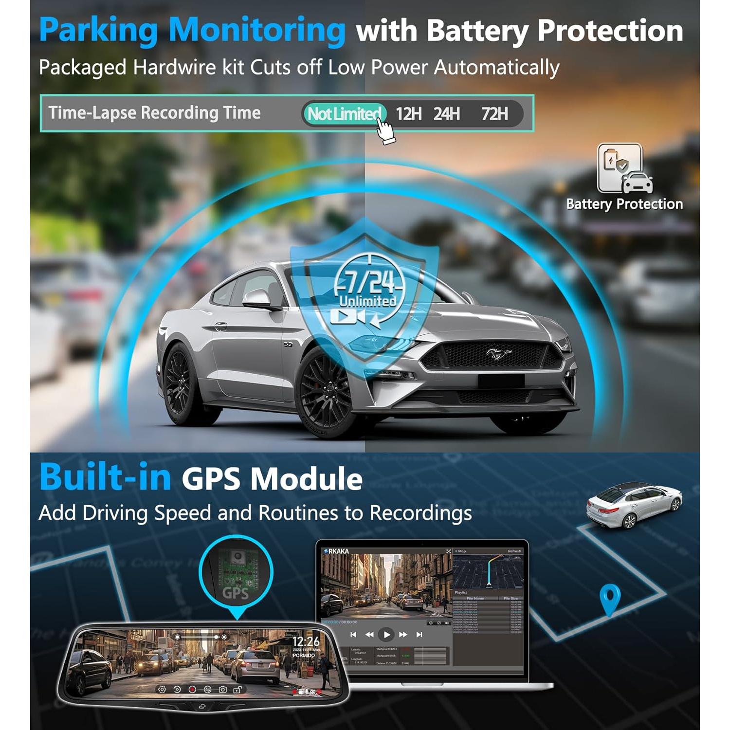 Cámara de Espejo Retrovisor PORMIDO 2K con GPS y Tarjeta 64GB