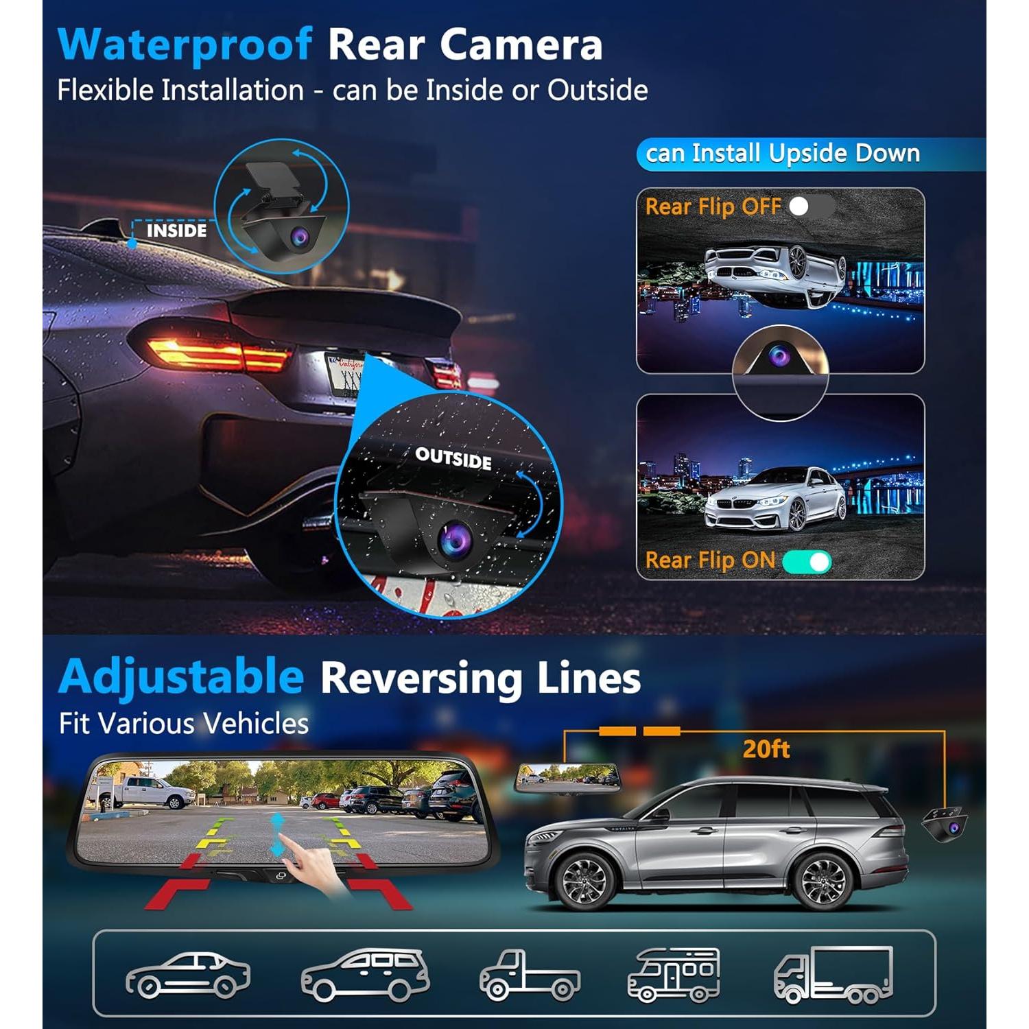 Cámara de Espejo Retrovisor PORMIDO 2K con GPS y Tarjeta 64GB