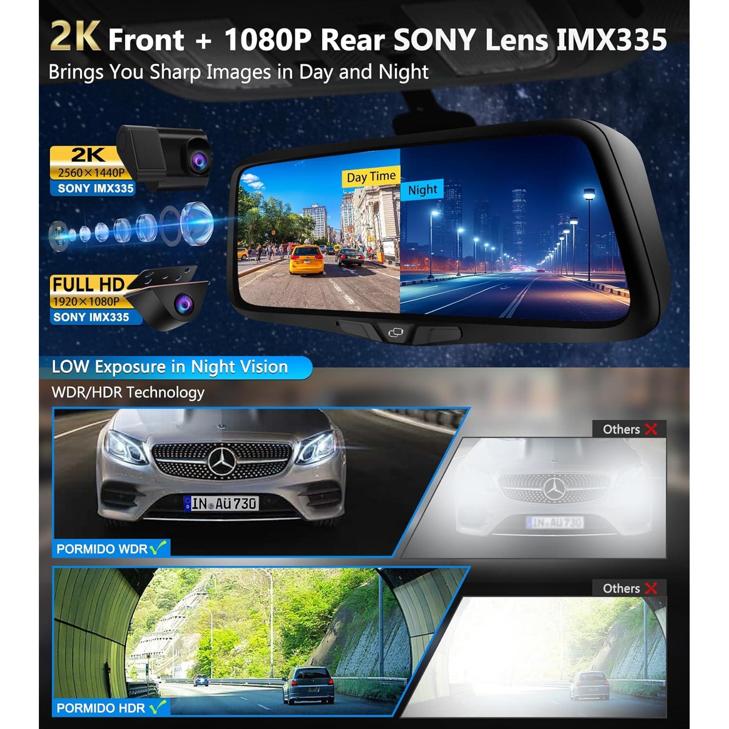 Cámara de Espejo Retrovisor PORMIDO 2K con GPS y Tarjeta 64GB