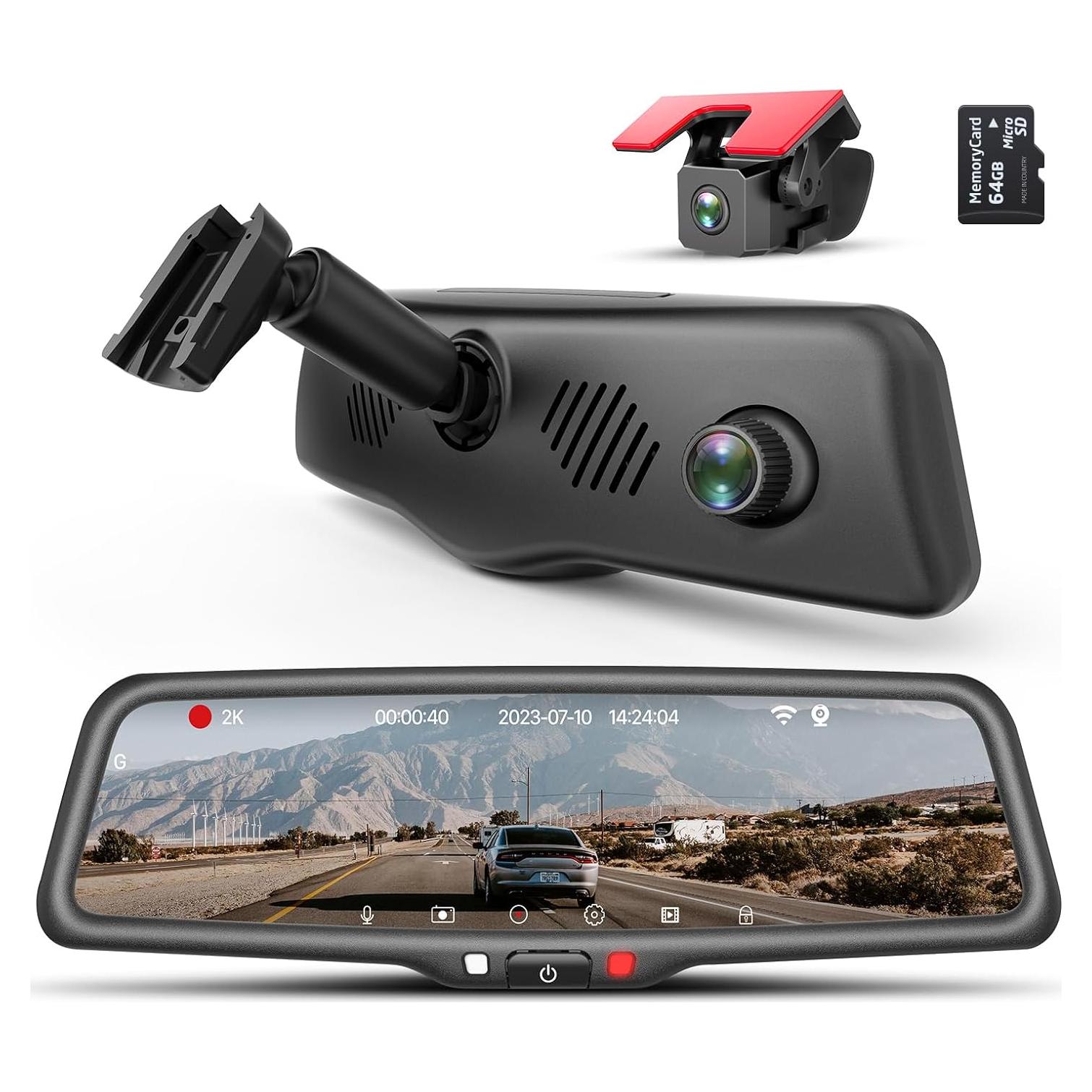 KBD Car OEM Rear View Mirror Dash Cam with SD, 2K Front and 1080P Rear 9.66'' with Back Up Camera, Touch Screen, Superior Night Vision, G-Sensor, Parking and Reversing Assistance