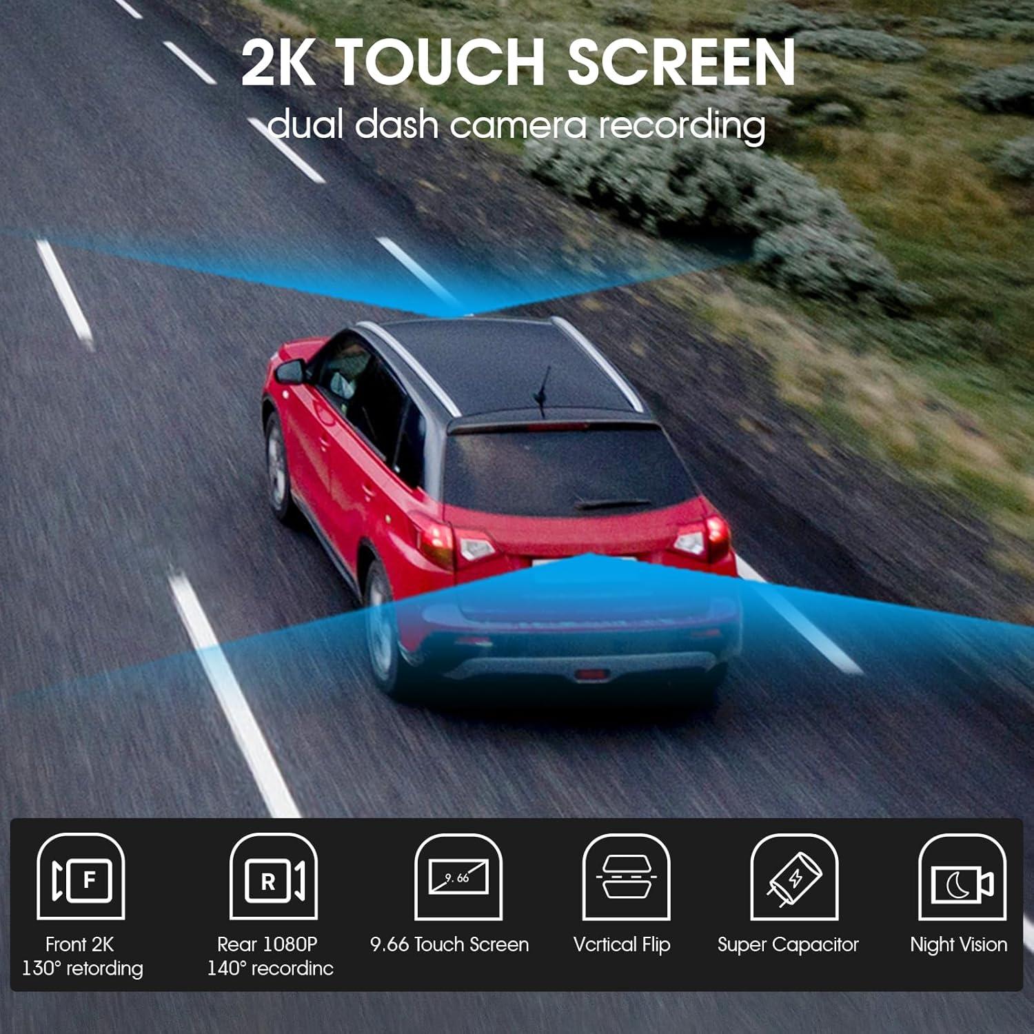 KBD Car OEM Rear View Mirror Dash Cam with SD, 2K Front and 1080P Rear 9.66'' with Back Up Camera, Touch Screen, Superior Night Vision, G-Sensor, Parking and Reversing Assistance