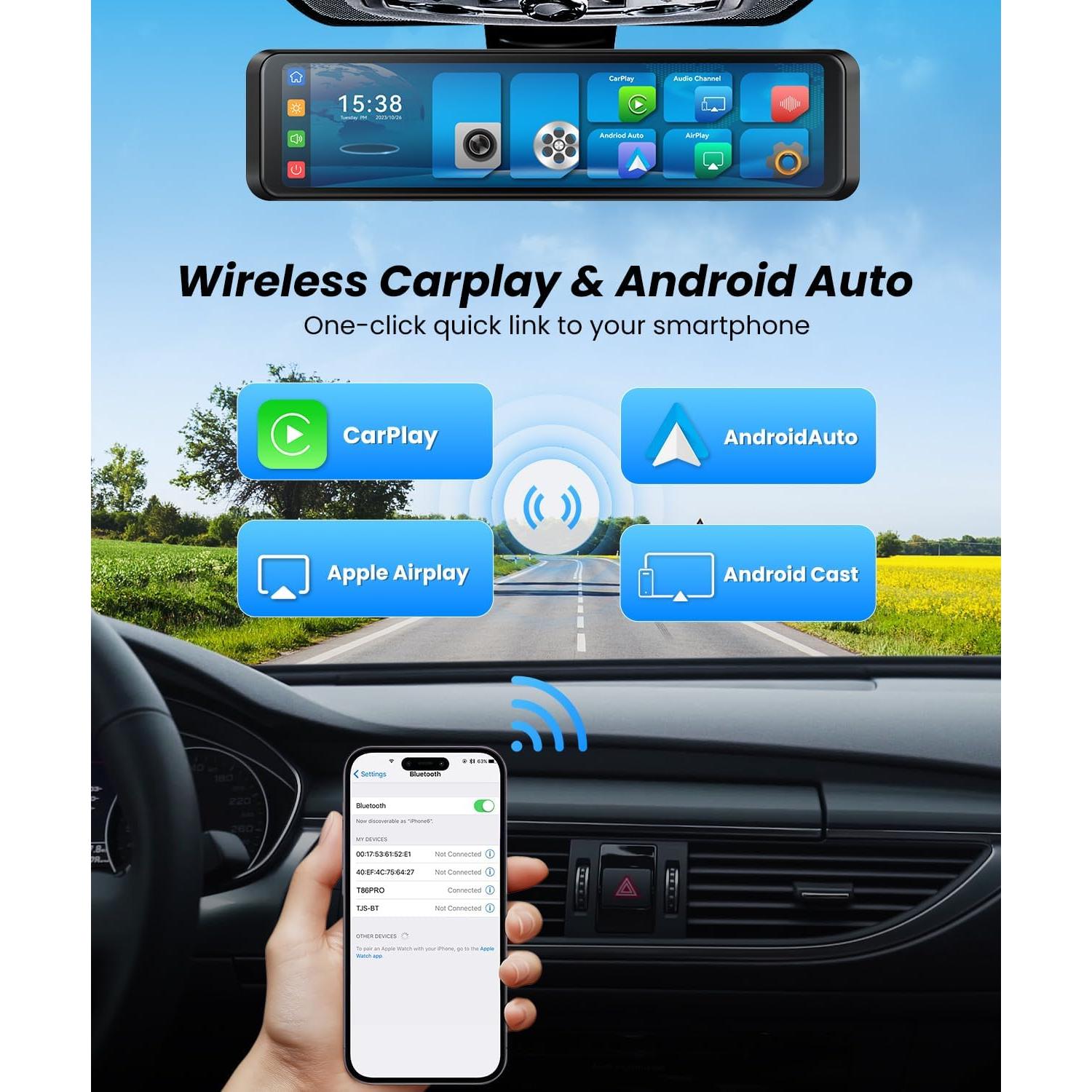 Cámara de Espejo Retrovisor 4K Boscamplus con CarPlay y Android Auto