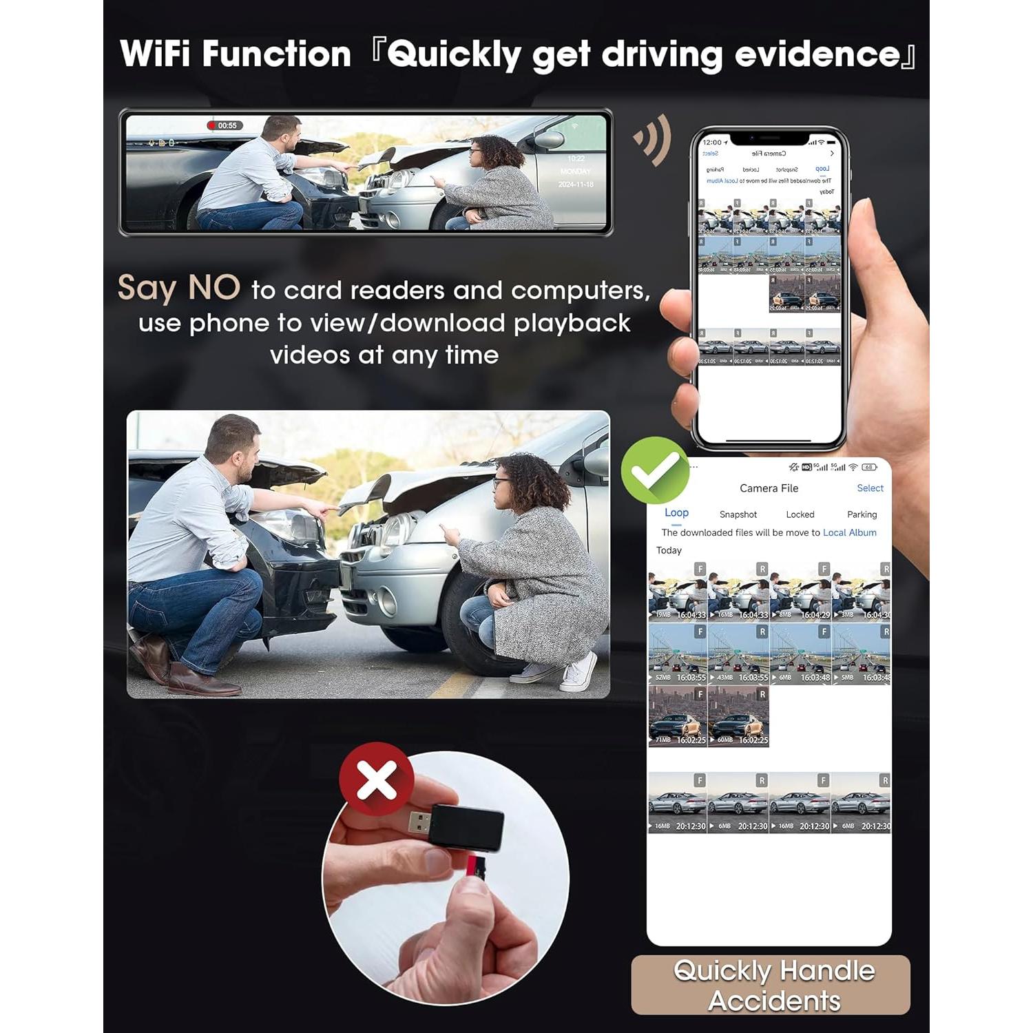 Cámara de Espejo Retrovisor Jelkuz 12" 4K con WiFi y GPS