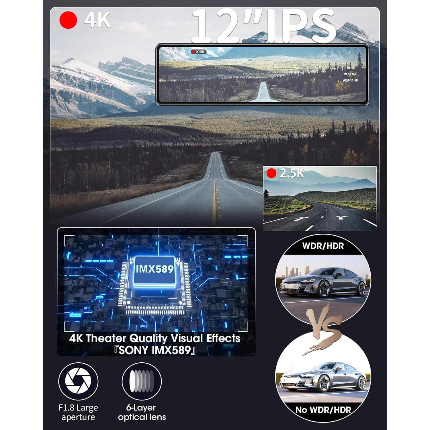 Cámara de Espejo Retrovisor Jelkuz 12" 4K con WiFi y GPS