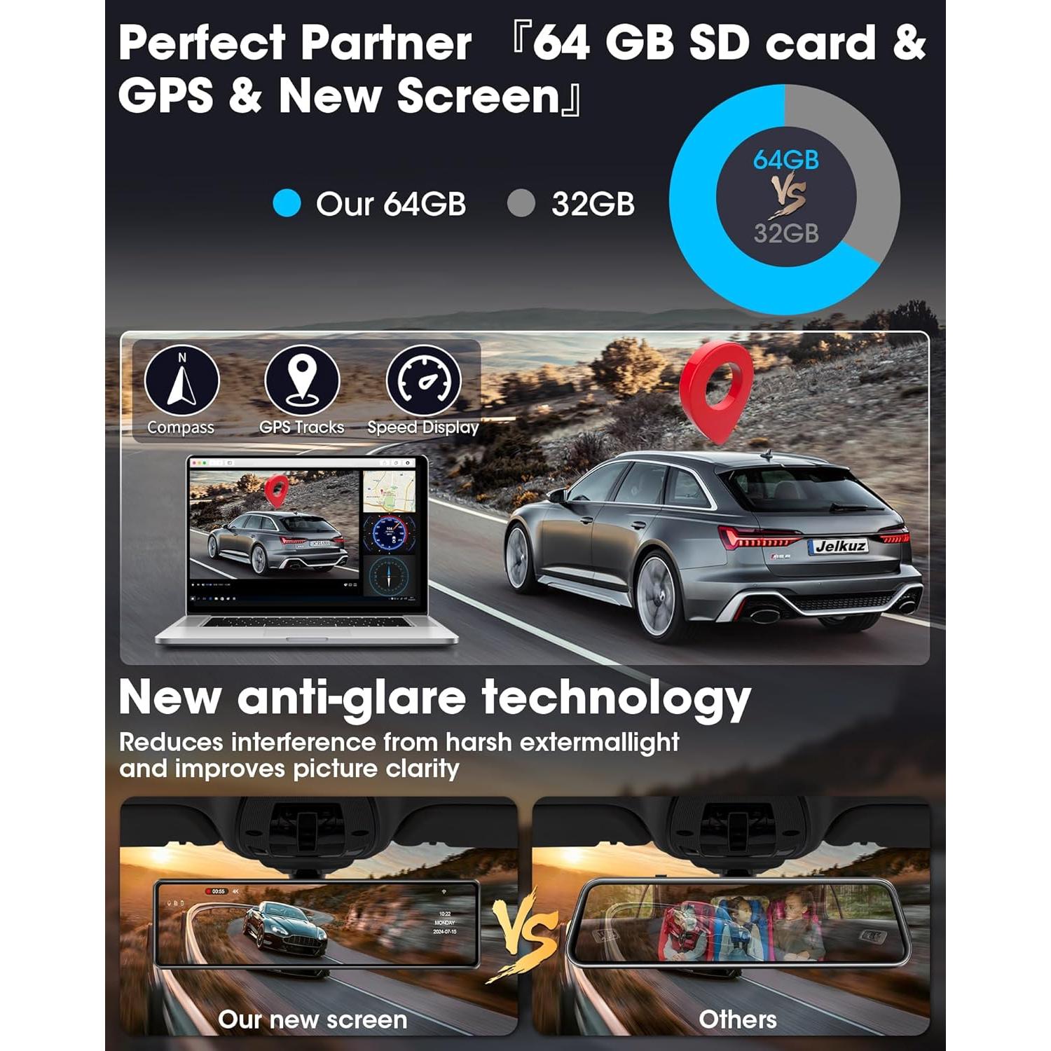 Cámara de Espejo Retrovisor Jelkuz 12" 4K con WiFi y GPS