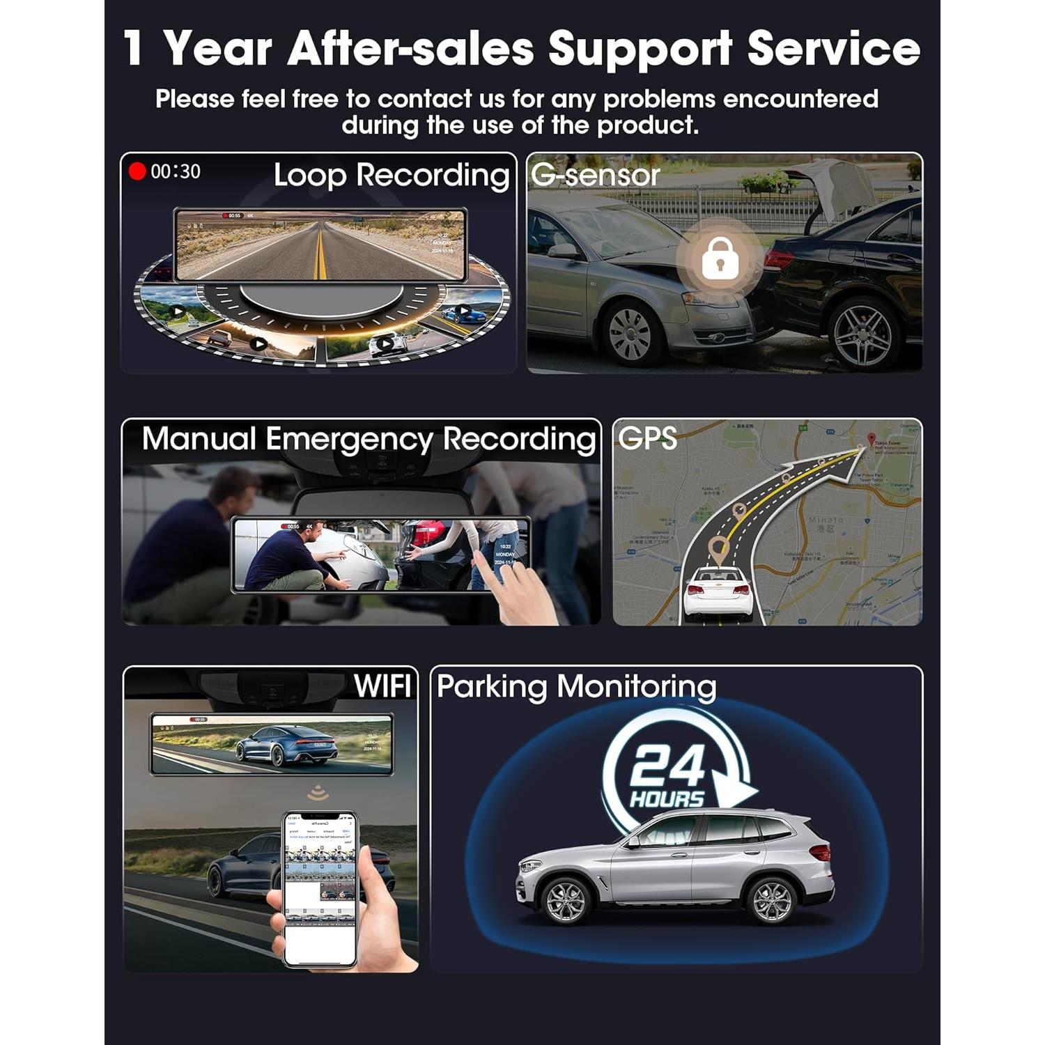 Cámara de Espejo Retrovisor Jelkuz 12" 4K con WiFi y GPS