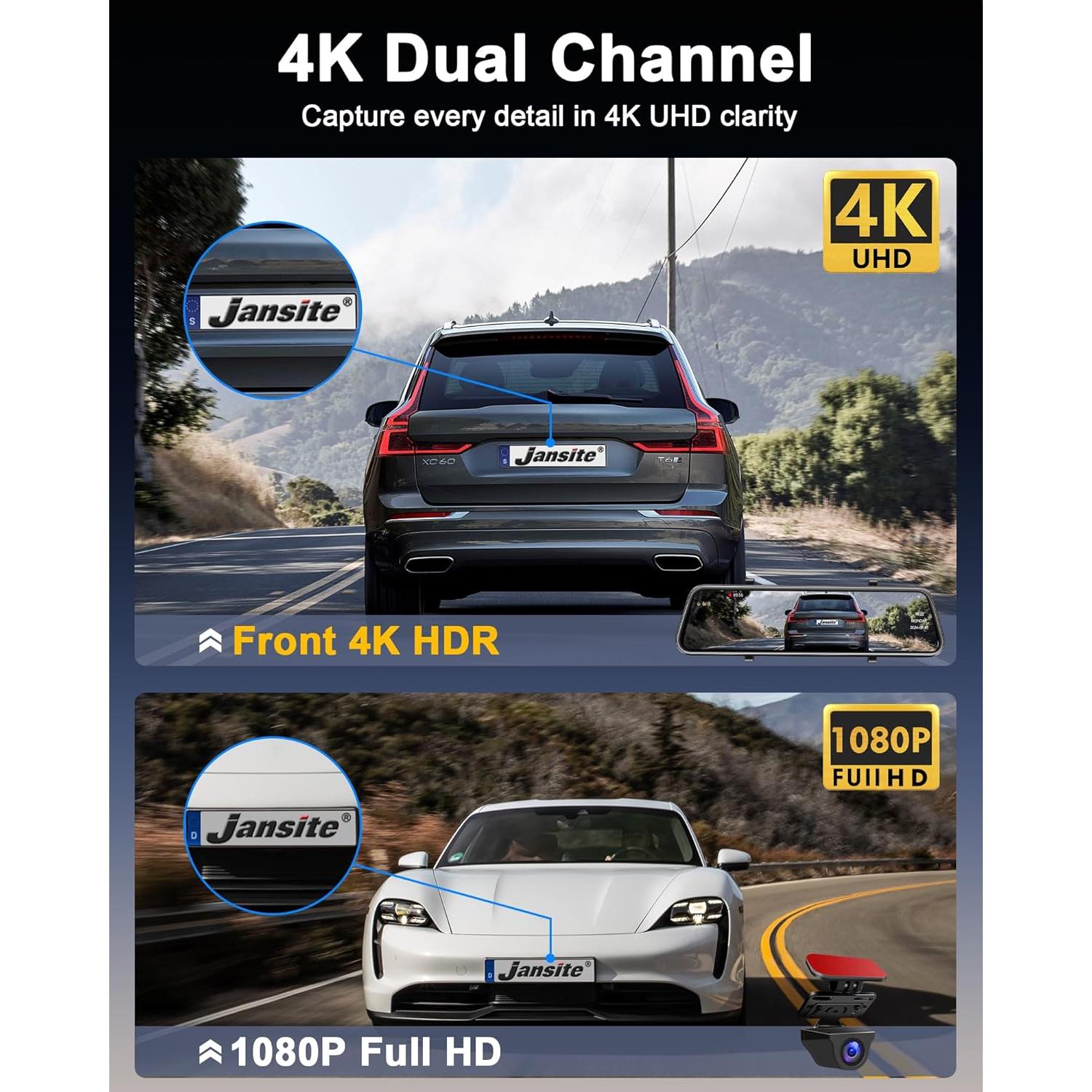 Cámara Dash Cam Espejo Jansite 4K 12" WiFi Delante y Detrás