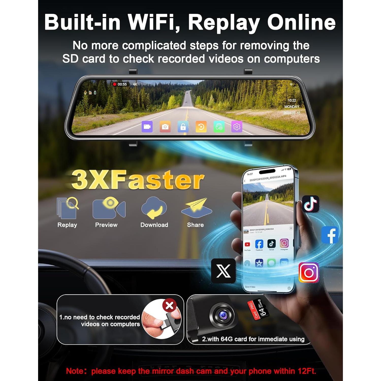 Cámara Dash Cam Espejo Jansite 4K 12" WiFi Delante y Detrás