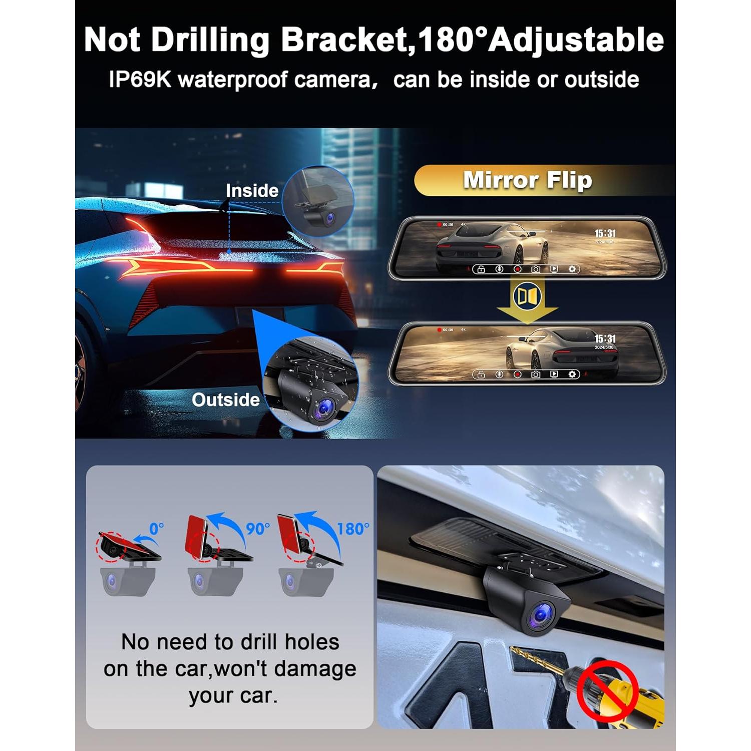 Cámara Dash Cam Espejo Jansite 4K 12" WiFi Delante y Detrás