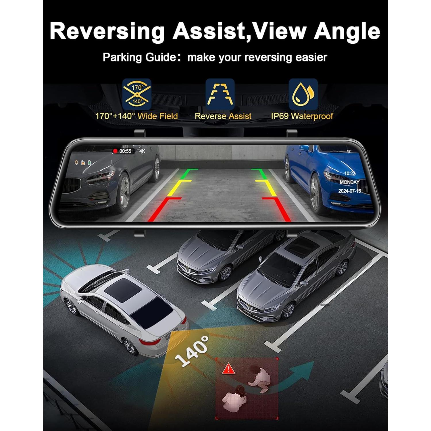 Cámara Dash Cam Espejo Jansite 4K 12" WiFi Delante y Detrás