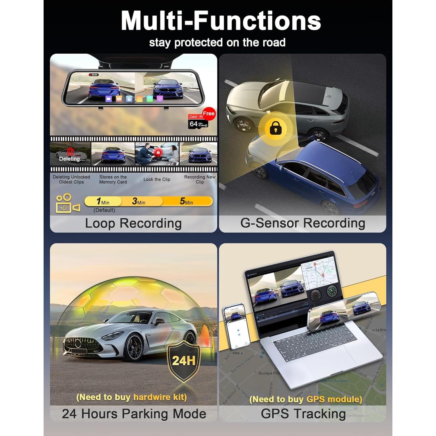 Cámara Dash Cam Espejo Jansite 4K 12" WiFi Delante y Detrás