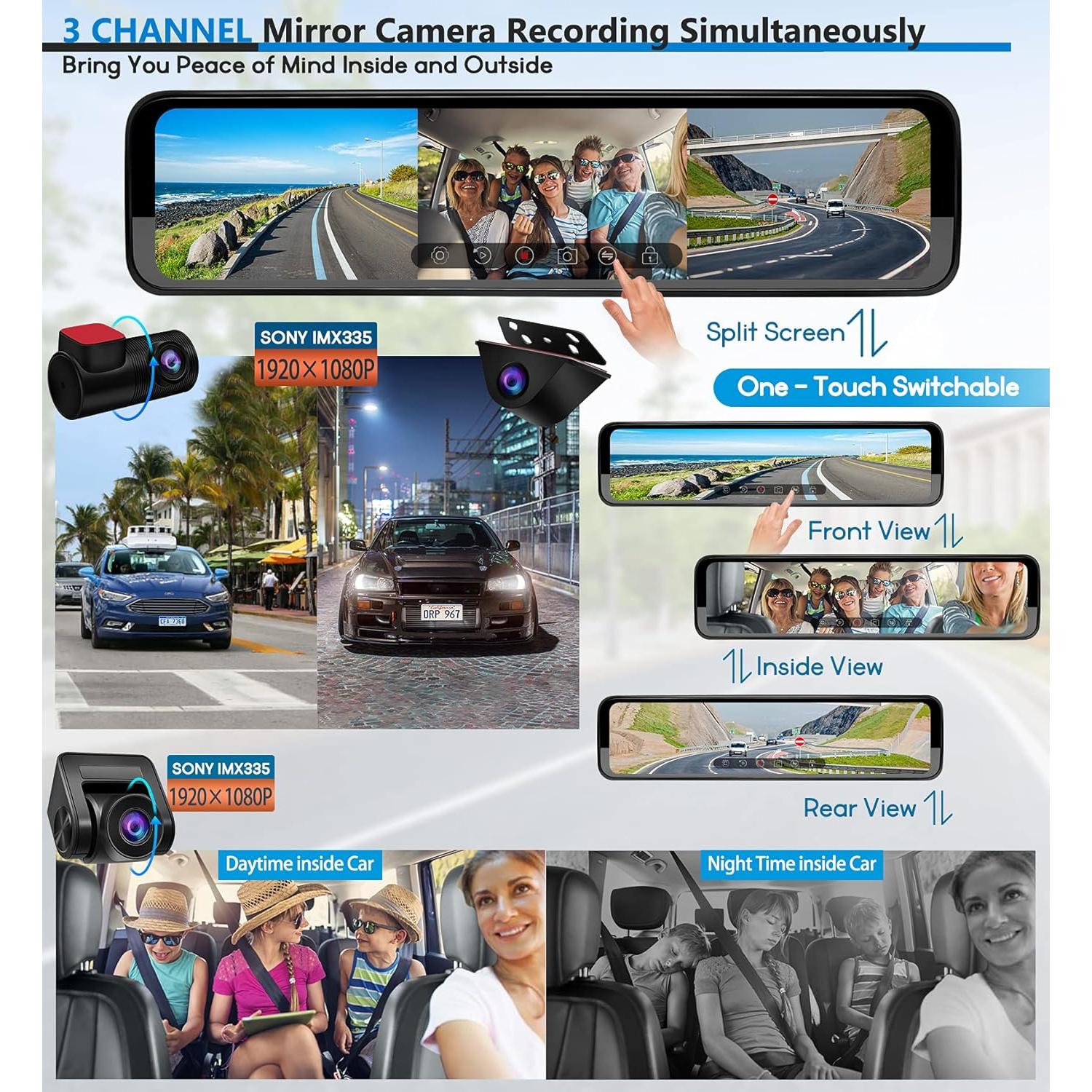 Cámara de Espejo PORMIDO D50 Triple 12" 3 Canales HD