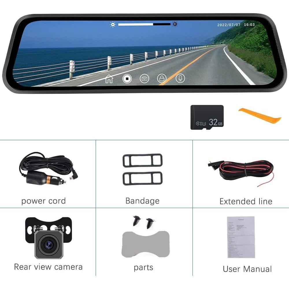 CAMECHO Espejo Dash Cam 9.66" HD Frontal y Trasera 1080P