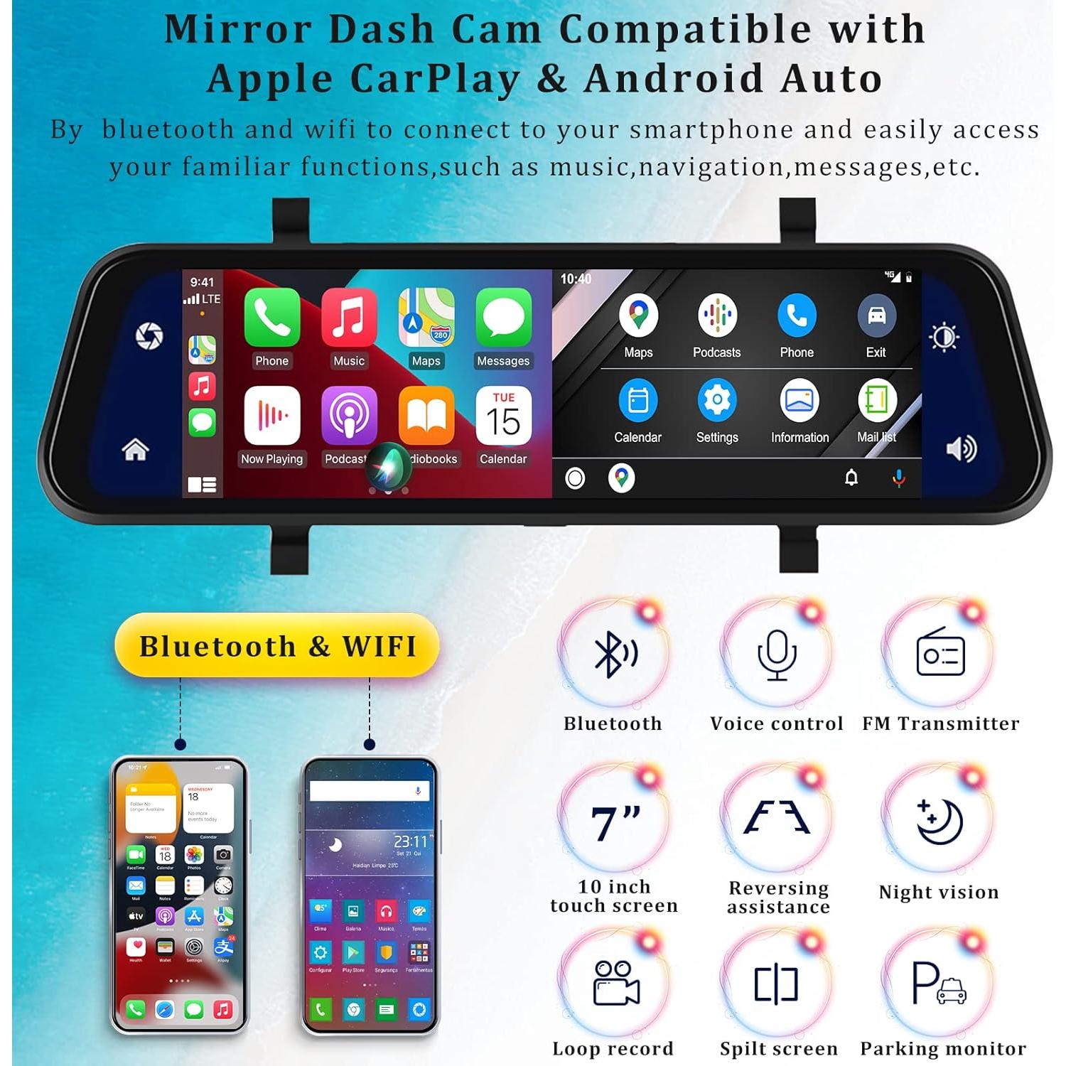 Cámara de Espejo Retrovisor AMPrime 9.66" 1080P con Carplay