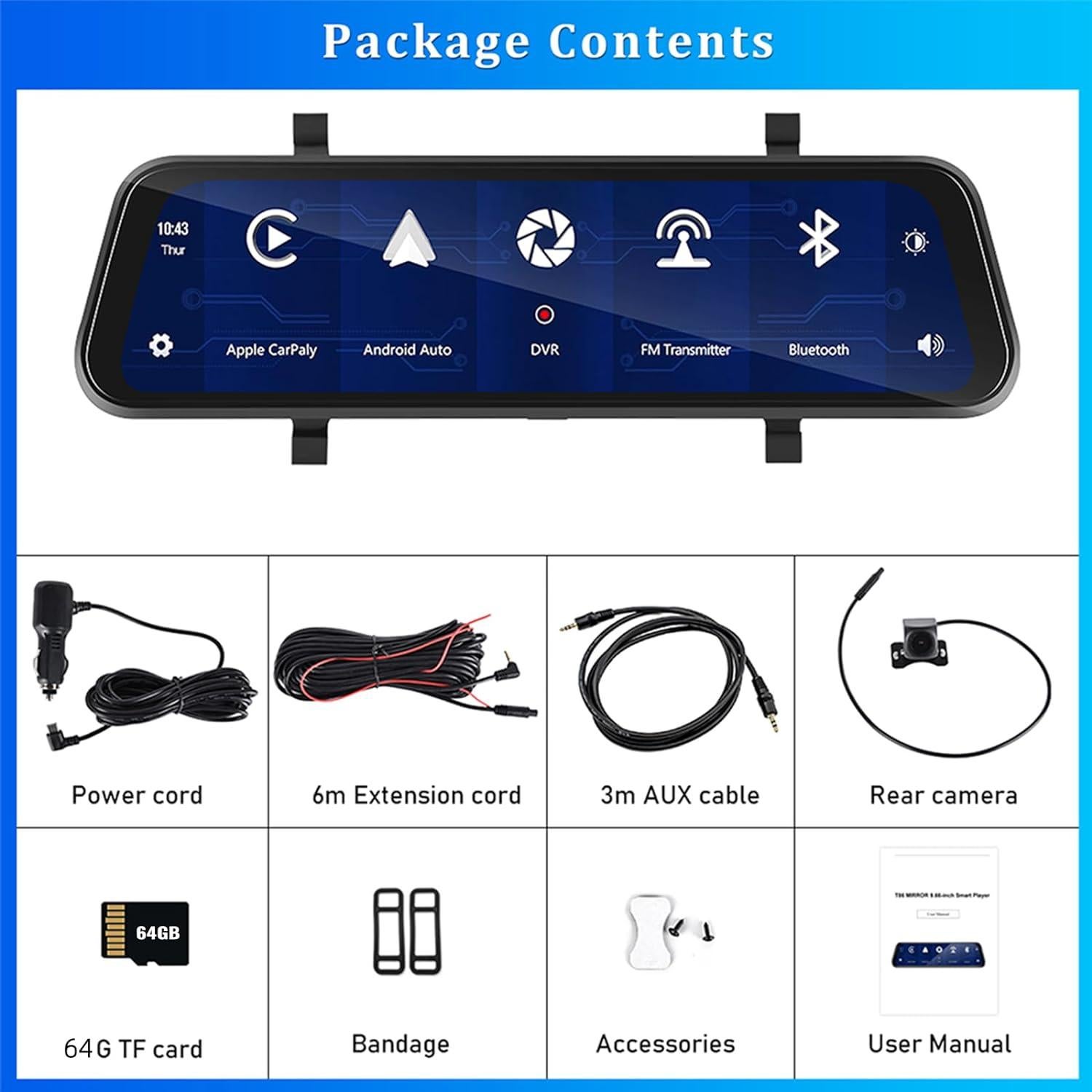 Cámara de Espejo Retrovisor AMPrime 9.66" 1080P con Carplay