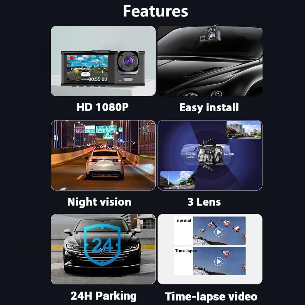 Shkalacar 3 Channel Dash Cam WIFI 3 Cameras, Front Rear and Inside, Rearview Mirror Video Recording Camcorder Wide Angle Car Camera Recorder Interconnection Auto Safety Driving Recorder