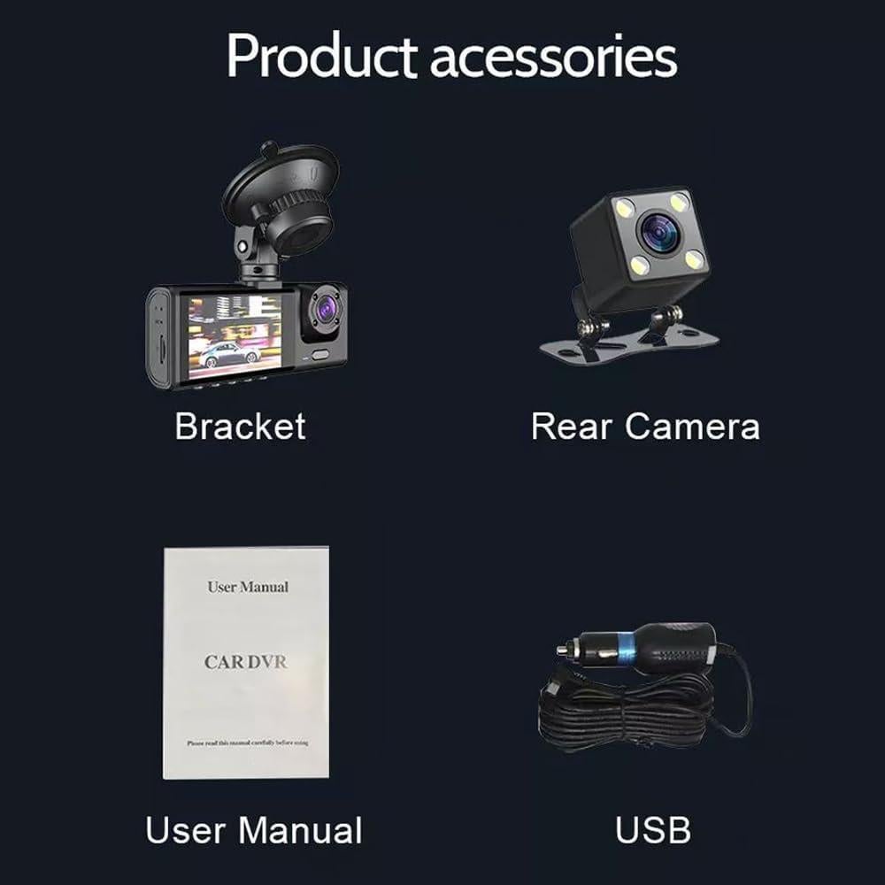 Shkalacar 3 Channel Dash Cam WIFI 3 Cameras, Front Rear and Inside, Rearview Mirror Video Recording Camcorder Wide Angle Car Camera Recorder Interconnection Auto Safety Driving Recorder