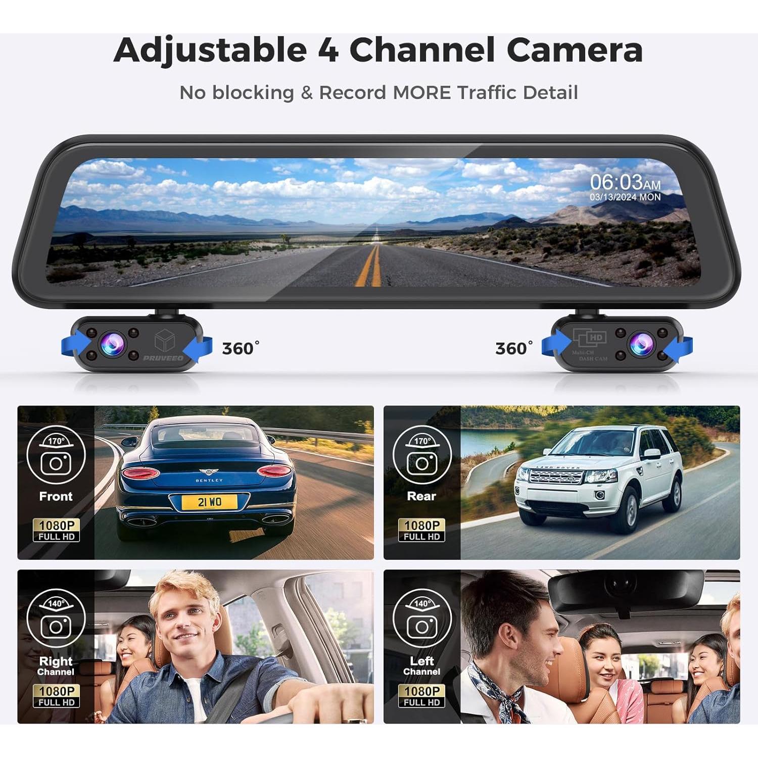 Cámara de Espejo Dash PRUVEEO J20-4CH 12" 4 Canales GPS