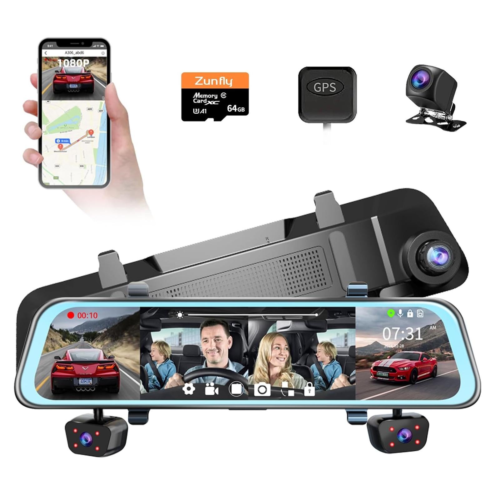 Cámara de Espejo Retrovisor Zunfly 4 Canales FHD 1080P