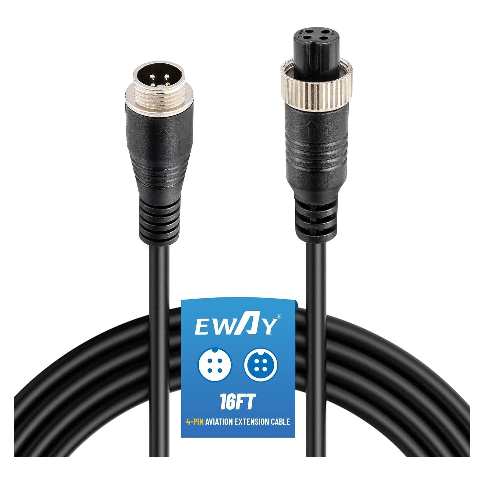 EWAY 4 Pin Aviation Extension Cable (16FT/5M) Backup Camera Cord Car Video 4PIN Aviation Connector Wire for Vehicle Car Camper Bus Van Truck Motorhome Trailer RV Reverse Rearview Monitor CCTV System